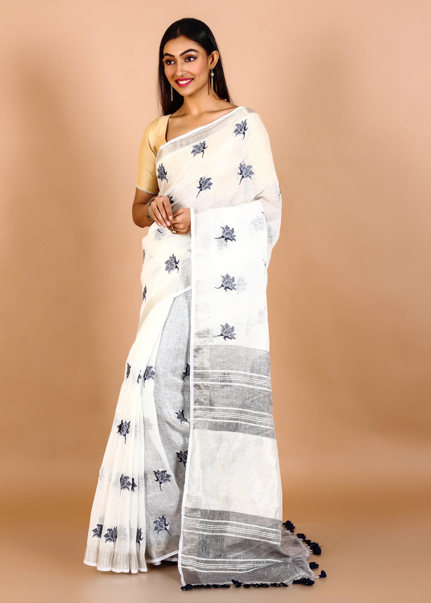 White Pure Linen Floral Embroidery Saree