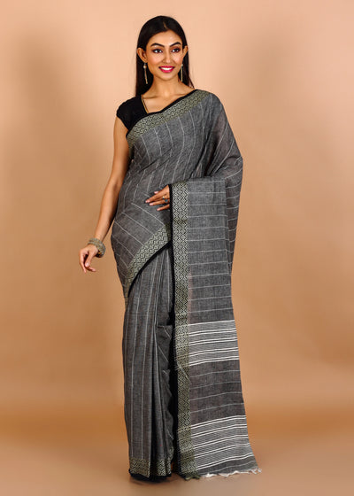 Grey Cotton Striped Handloom Saree