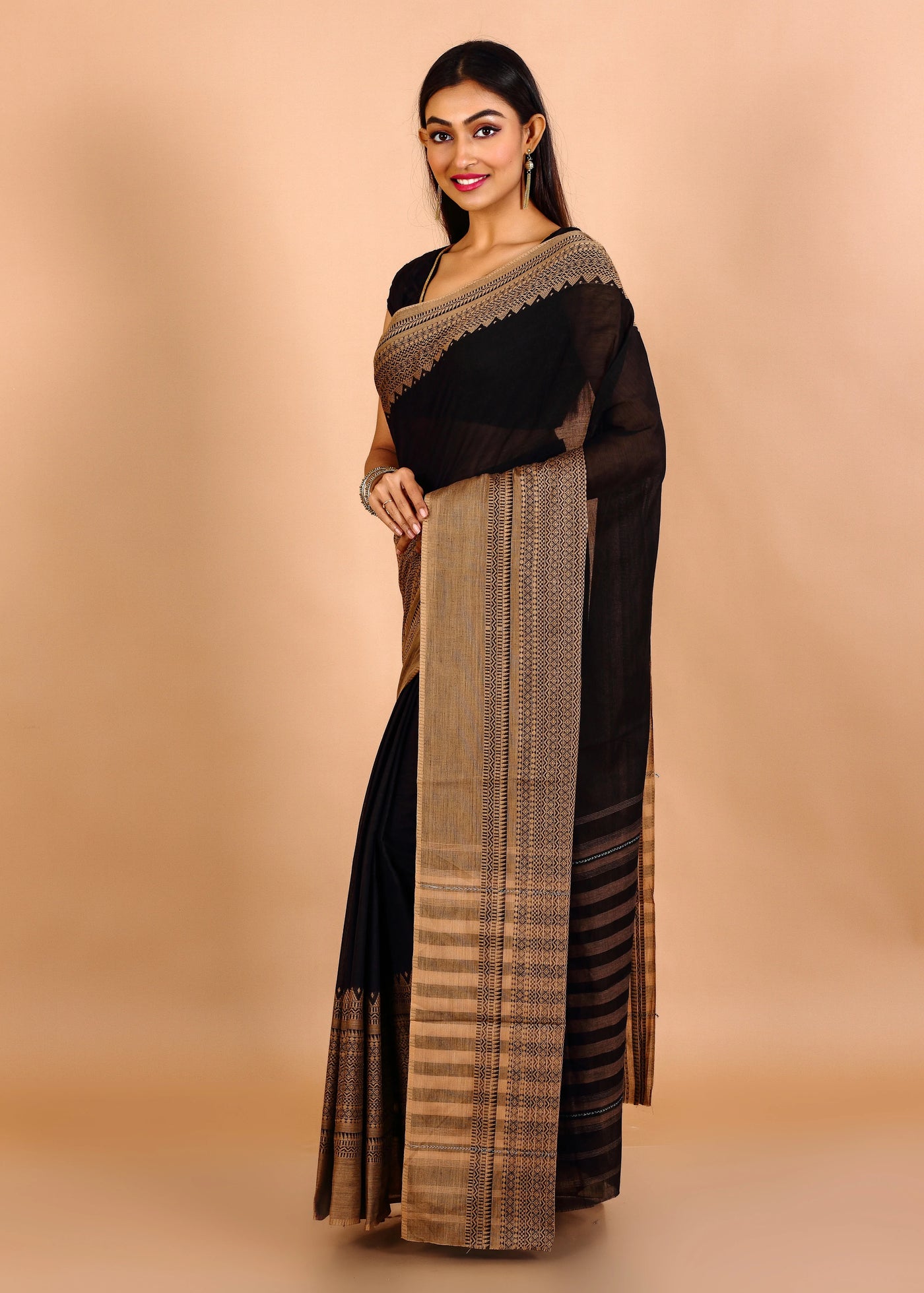 Black Cotton Ornamental Handloom Saree