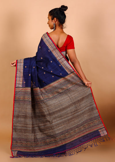 Blue Matka Silk Ornamental Handloom Saree