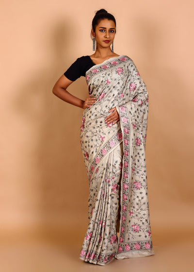 Beige Gachi Tussar Floral Embroidery Saree With Full Body Design