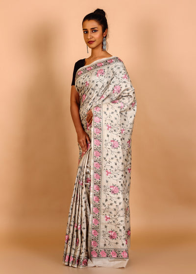 Beige Gachi Tussar Floral Embroidery Saree With Full Body Design