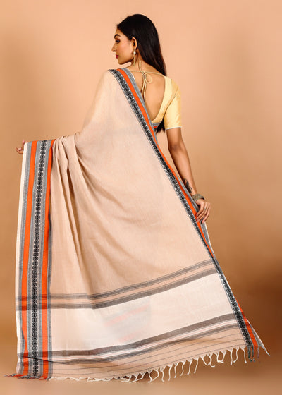 Beige Cotton Ornamental Handloom Saree
